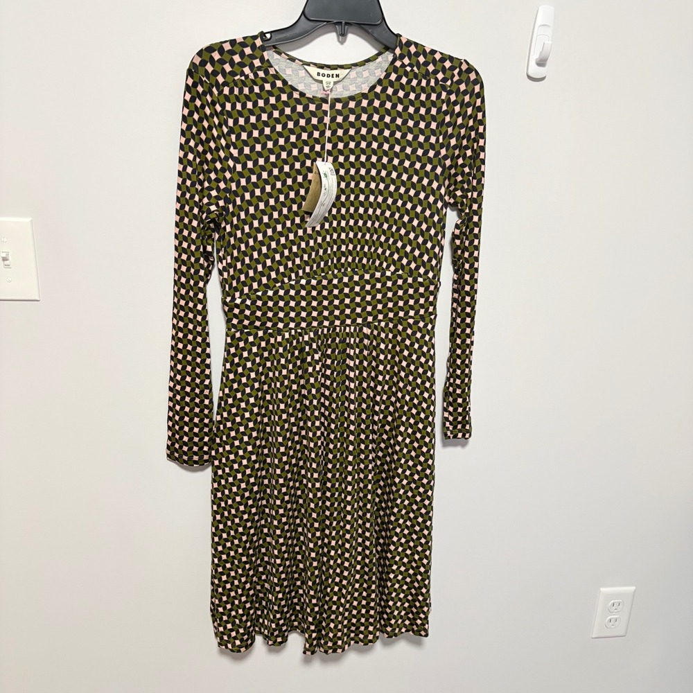 Boden Geometric Jersey Midi Dress Women Green 6 Long Sleeve Pockets